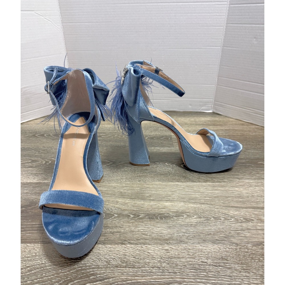 Antonio Melani Blue Velvet Ostrich Feather Platform Sandal Heel Crystal Bow 8.5M
